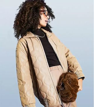ASOS Design + Leather Look Quilted Bomber Jacket in Camel