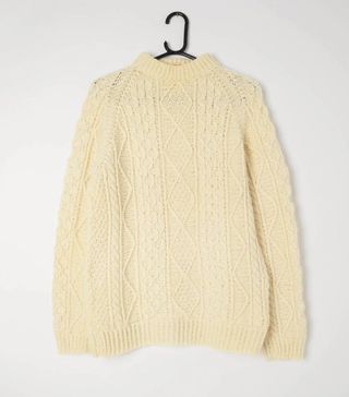 Vintage + 1980s Cream Cable Knit Handmade Woollen Crewneck Jumper