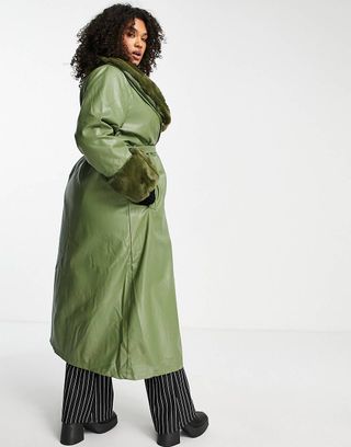 Reclaimed Vintage Plus + Longline Leather-Look Trench With Detachable Faux Fur Collar