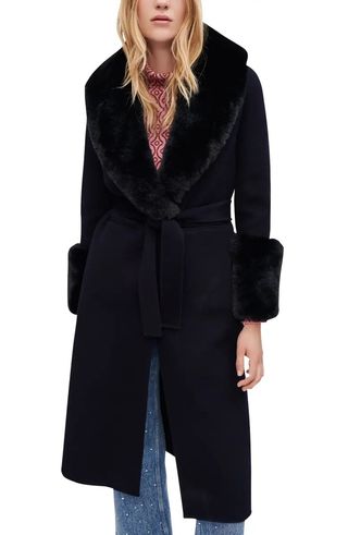 Maje + Galaxy Wool & Nylon Coat With Faux Fur Trim