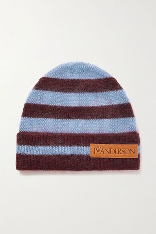JW Anderson + Blue Leather-Trimmed Striped Knitted Beanie