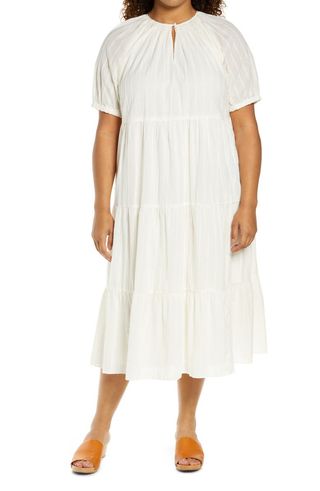 Madewell + Textural Stripe Bubble Sleeve Tiered Midi Dress