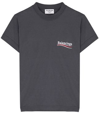 Balenciaga + Charcoal Logo-Embroidered Cotton T-Shirt