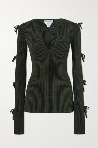 Bottega Veneta + Green Tie-Detail Ribbed Knit Sweater