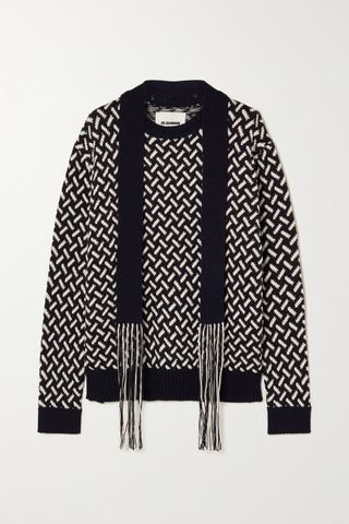 Jil Sander + Fringed Tie-Neck Intarsia Wool Sweater