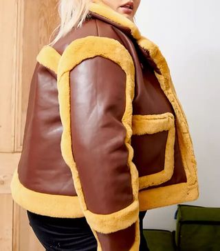 Labelrail x Francesca Perks + Contrast Fur Faux Leather Jacket in Brown and Mustard