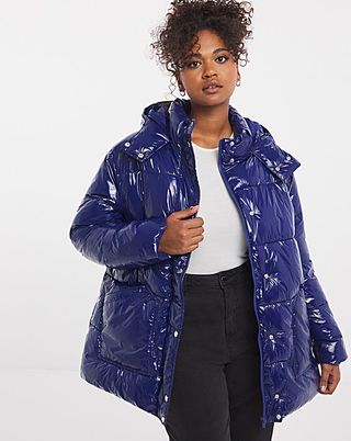 Simply Be + Mid Length High Shine Padded Coat