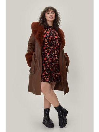 Nasty Gal + Plus Size Fur Trim Faux Leather Trench Coat