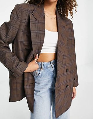 ASOS + Premium Slim Dad Suit Blazer in Brown Heritage Check