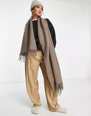 Asos Design + Supersoft Scarf With Tassels in Putty