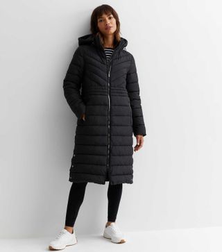 New Look + Black Lightweight Longline Hooded Puffer Coat