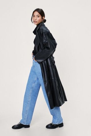 NastyGal + Faux Leather Power Shoulder Belted Trench Coat