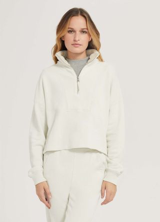 Something Navy + Quarter Zip Sherpa Collar Sweatshirt Ivory