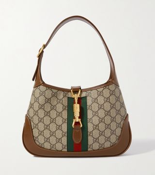 Gucci + Jackie 1961 Small Webbing-Trimmed Coated-Canvas and Leather Shoulder Bag