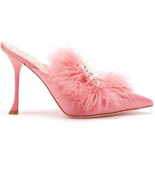 Roger Vivier + Crystal-Buckle Feathered Satin Mules