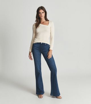Reiss + Genevieve Mid Blue Paige High Rise Flared Jeans