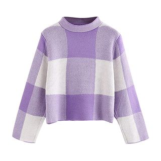 Floerns + Long Sleeve High Neck Plaid Crop Sweater Pullover