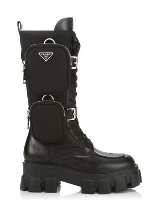 Prada + Monolith Leather & Nylon Tall Combat Boots