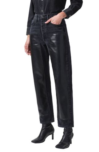 Agolde + Ryder High Waist Organic Cotton Straight Leg Jeans With Recycled Leather Blend Panel