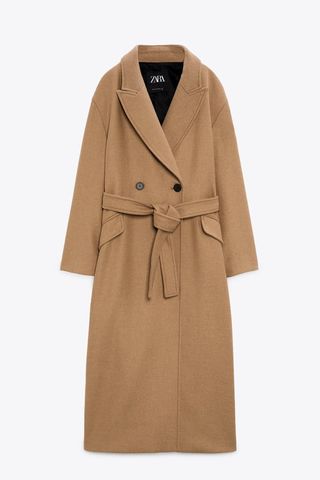 Zara + Double-Breasted Wool Blend Coat With Belt