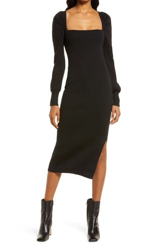 Charles Henry + Square Neck Tie Back Puff Long Sleeve Sweater Dress