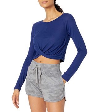 Core 10 + Ultra-Lightweight Semi-Sheer Ribbed Knit Knot Front Cropped Long Sleeve Yoga Shirt