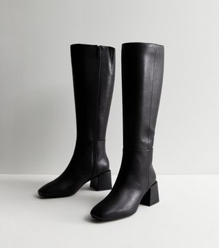 New Look + Black Leather-Look Block Heel Knee High Boots