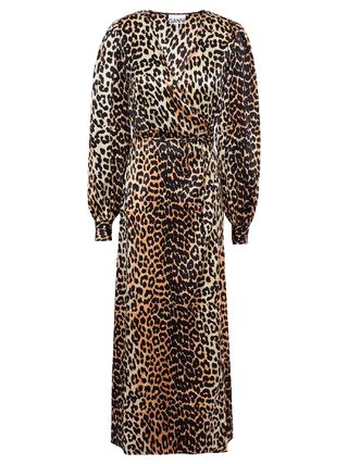 Ganni + Leopard-Print Silk-Blend Satin Midi Wrap Dress