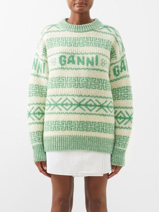 Ganni + Logo-Jacquard Organic-Wool Sweater