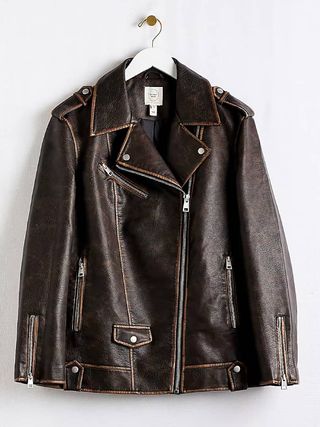 River Island + Brown Faux Leather Oversized Biker Jacket