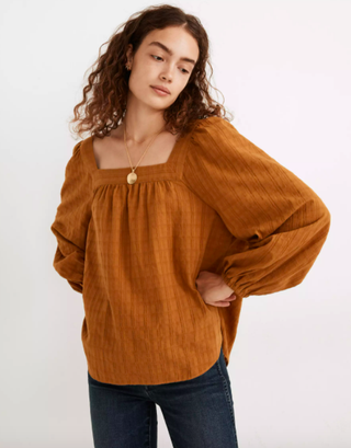 Madewell + Square-Neck Bubble-Sleeve Top in Antique Gold