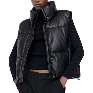 Ailoqing + Quilted Faux Leather Puffer Vest