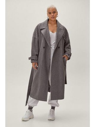 Nasty Gal + Pinstripe Belted Wool Look Coat