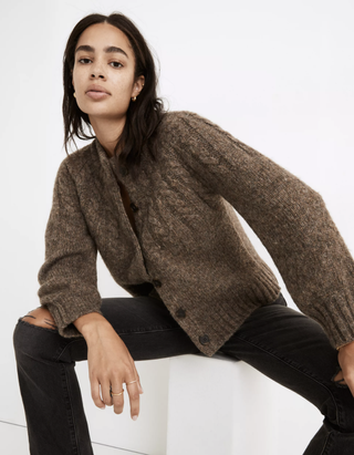 Madewell + Harwood Cableknit Mockneck Cardigan Sweater