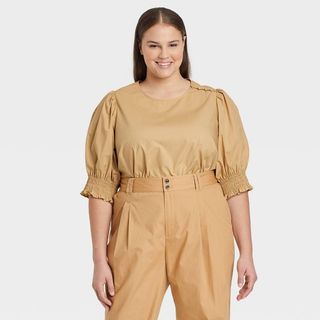 Who What Wear x Target + Puff Elbow Sleeve Blouse in Brown