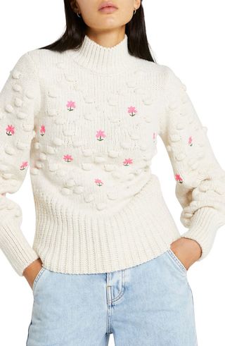 River Island + Flower Embroidered Pompom Sweater