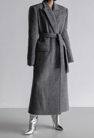 Marcéla London + Herringbone Tailored Belted Maxi Coat