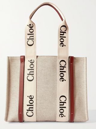 Chloe + Woody Medium Leather-Trimmed Cotton-Canvas Tote