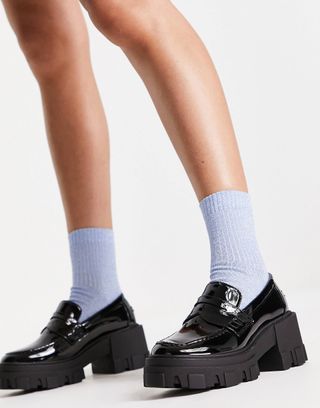 ASOS Design + Sloane Chunky Mid Heeled Loafers in Black Patent