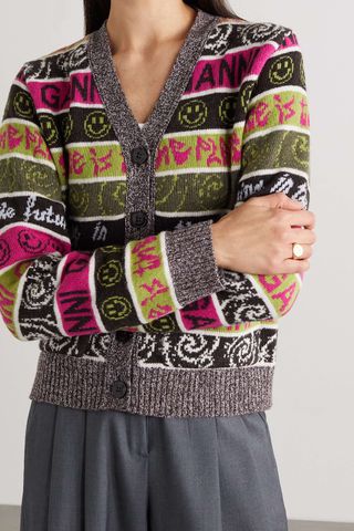 Ganni + Jacquard-Knit Recycled Wool-Blend Cardigan