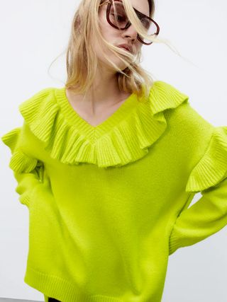 Zara + Knit Sweater With Ruffle Trims