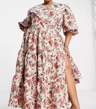 ASOS Edition + Floral Jacquard Smock Dress With Scallop Collar in Pink