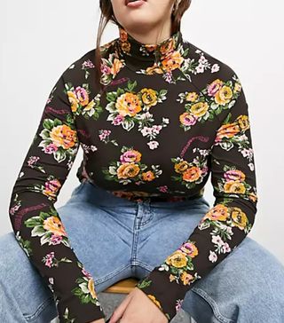 Collusion + Roll Neck Floral Top in Brown