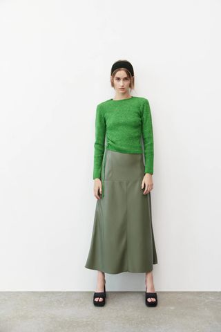 Zara + Faux Leather Midi Skirt