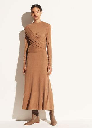 Vince + Long Sleeve Draped Dress in Dark Taupe