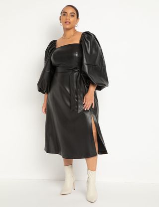 Eloquii + Puff Sleeve Faux Leather Dress in Black