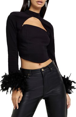 River Island + Faux Feather Cuff Cutout Long Sleeve Corset Crop Top