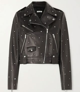 Miu Miu + Crystal-Embellished Cropped Leather Biker Jacket