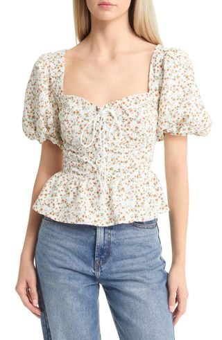 Astr the Label + Floral Puff Sleeve Lace-Up Corset Crop Top