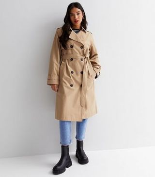 New Look + Petite Camel Revere Collar Button Front Belted Mac